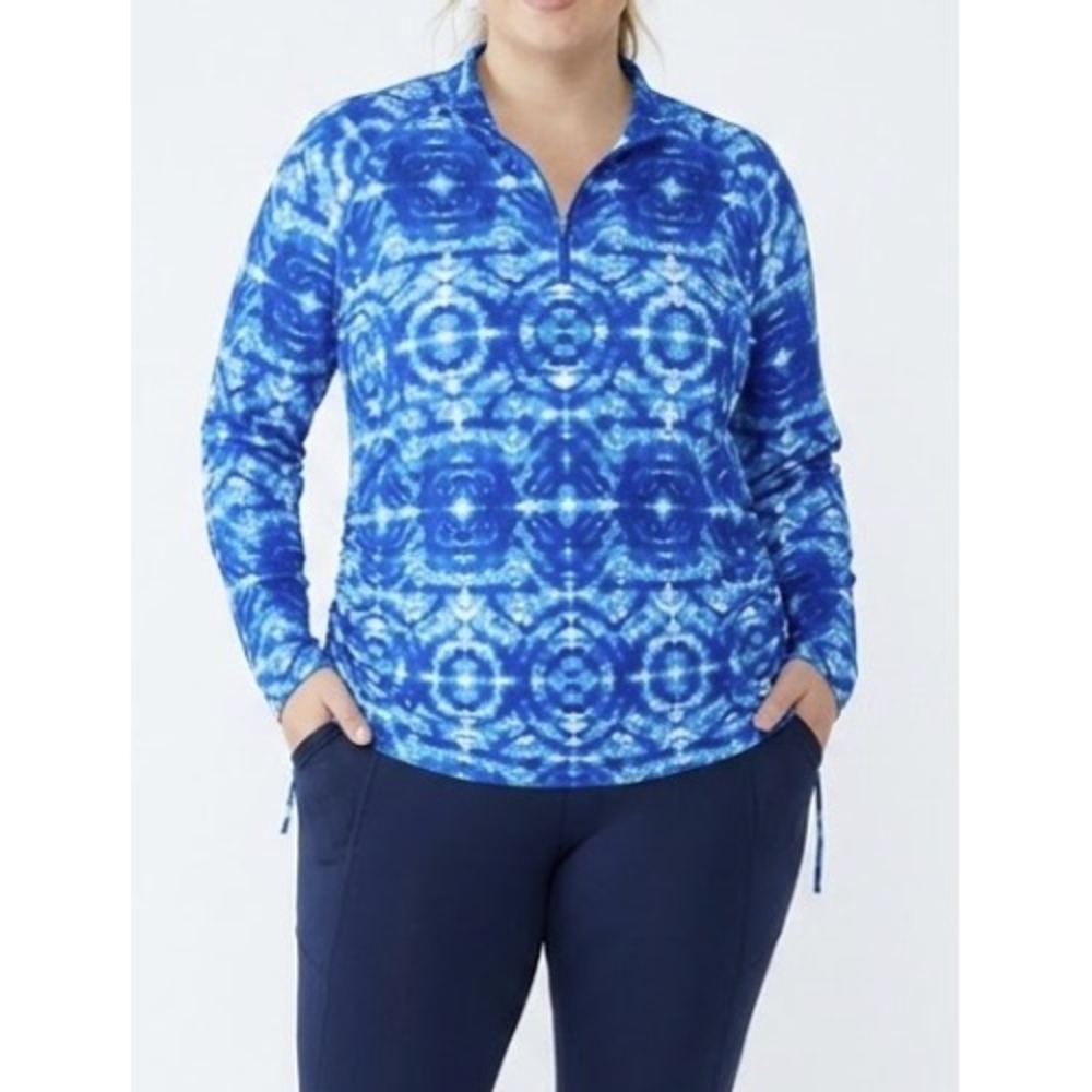 Coolibar Top Large Blue Tie Dye Rash Guard UPF 50+ Ruched Outdoor Active